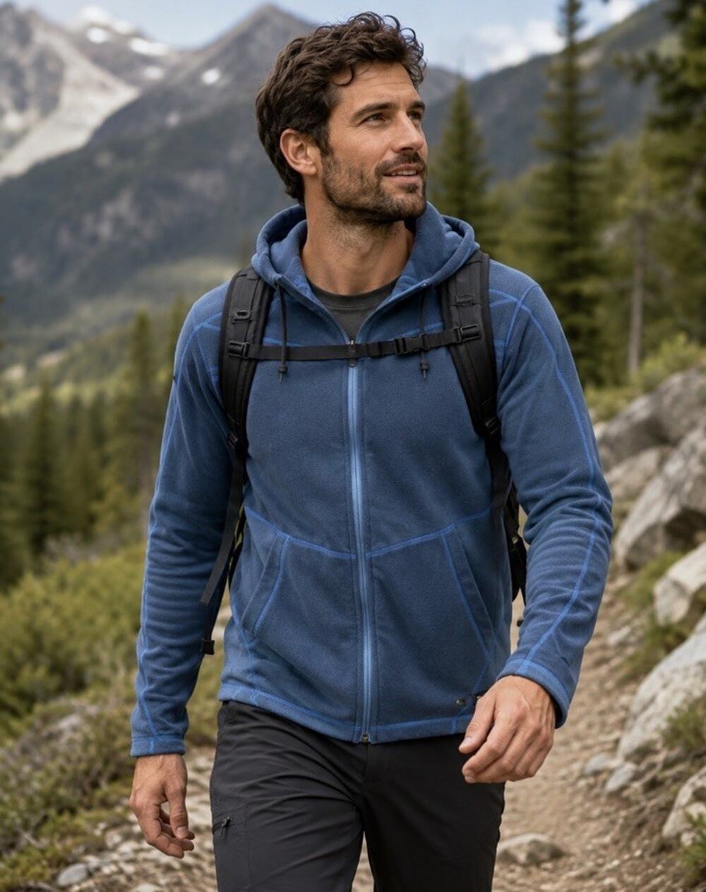 REI Mens S Blue Fleece Hooded Jacket Outdoor Wear Hiking Layer Full Zip Pockets